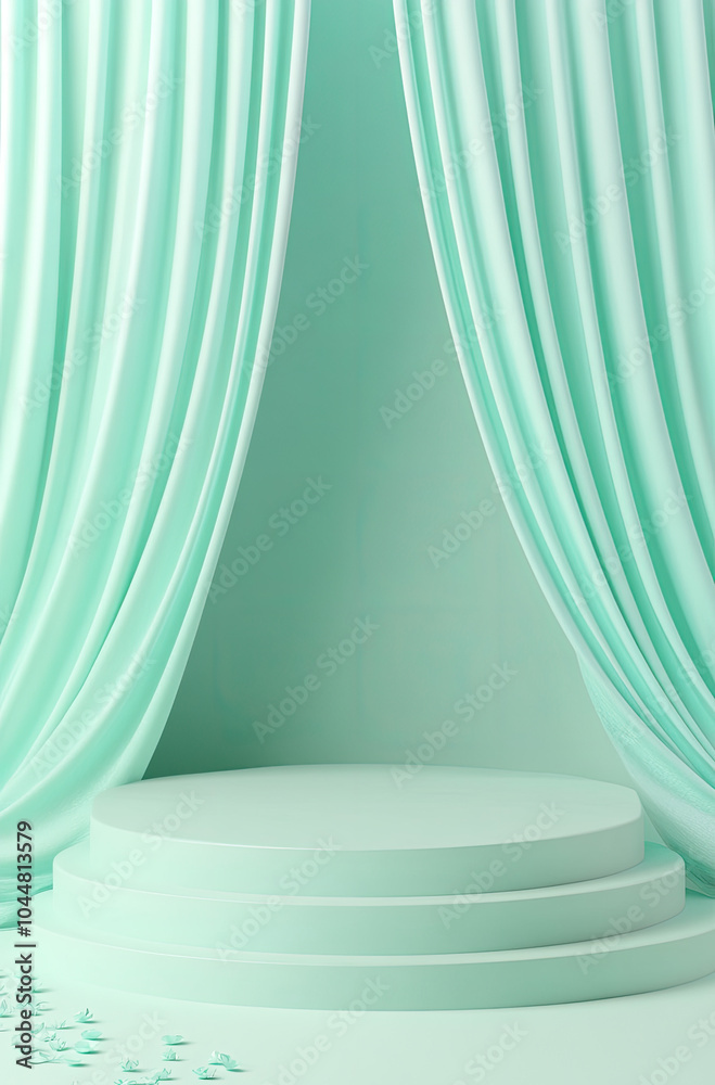 Fresh and Modern 3D Rendered Podium with Light Mint Curtains for a Cool, Inviting Look Fresh and Modern 3D Rendered Podium with Light Mint Curtains for a Cool, Inviting Look