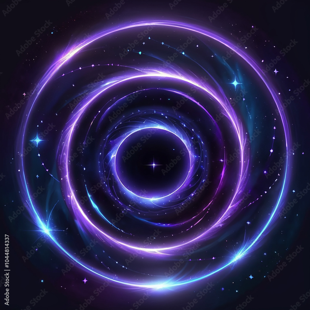 Obraz premium An abstract image with a black background and concentric circles of purple and blue light. The center is a black hole with a single white star. The image is reminiscent of a celestial body.