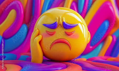 A sad, yellow emoji on a colorful background.