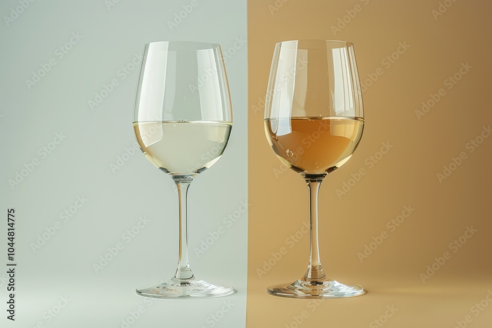 Two wine glasses filled with white and rosé wine on contrasting backgrounds Two wine glasses filled with white and rosé wine on contrasting backgrounds