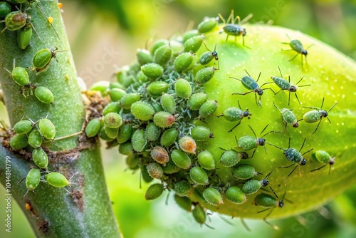 Silhouette of a colony of aphids on an apple tree, macro shot of greenfly, biological pesticide photo