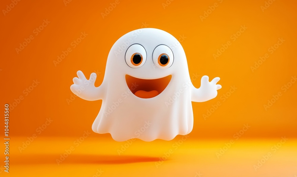 Obraz premium Smiling cartoon ghost on orange background.