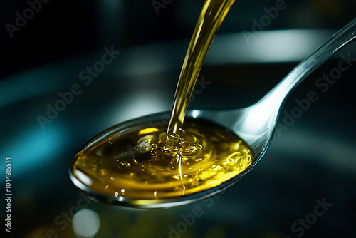 Close up spoon olive oil dropping on it with dark background, golden liquid generated.AI photo