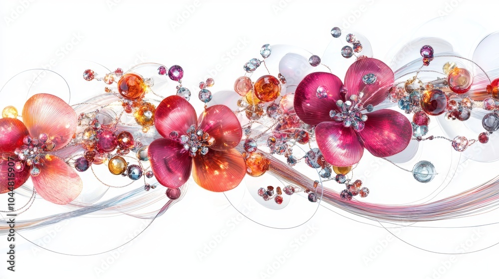 Pink and Orange Floral Arrangement with Beads and Crystal Elements on White Background Pink and Orange Floral Arrangement with Beads and Crystal Elements on White Background