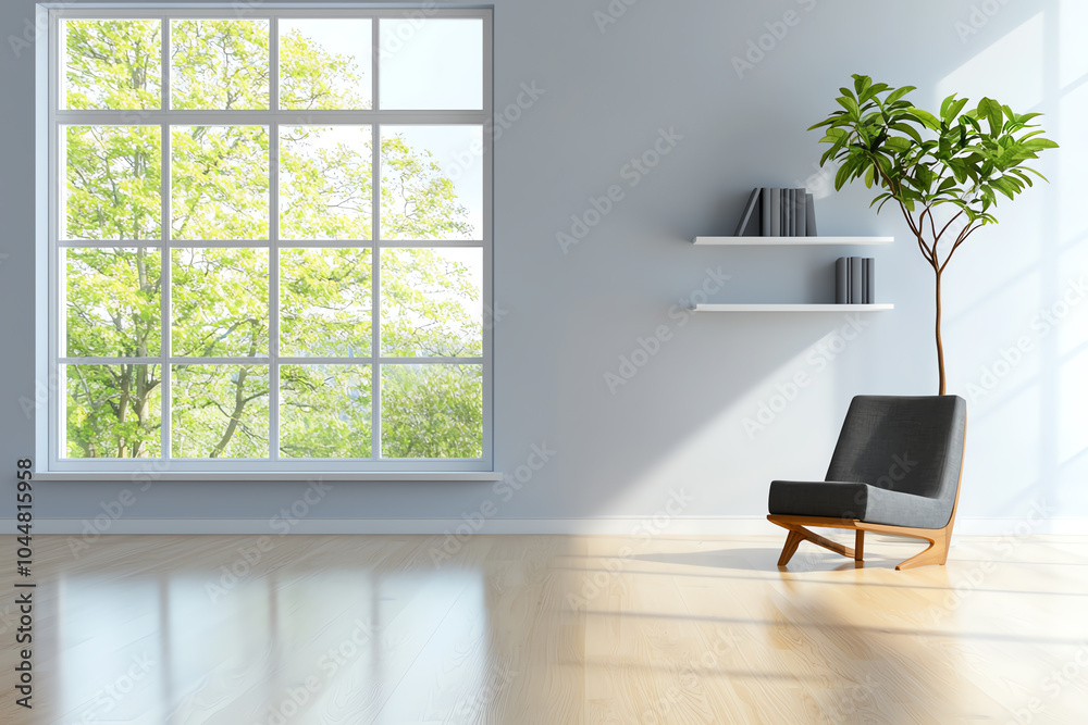 Fototapeta premium Modern minimalist living room with natural light and indoor plant