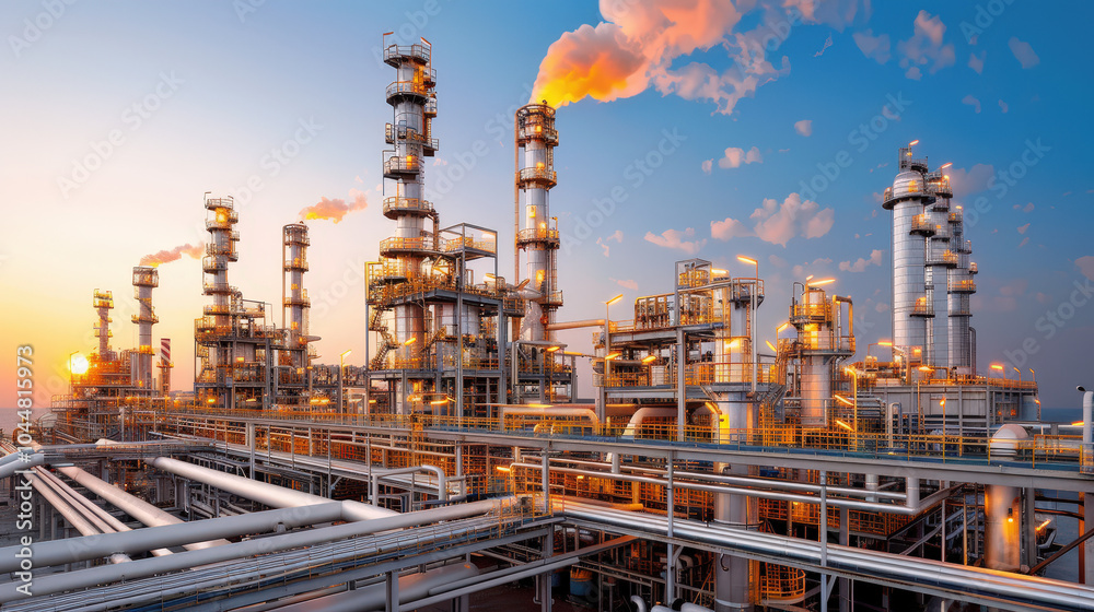 glowing refinery at dusk with steam rising, showcasing industrial structures and pipes against vibrant sky. scene captures essence of energy production and innovation glowing refinery at dusk with steam rising, showcasing industrial structures and pipes against vibrant sky. scene captures essence of energy production and innovation