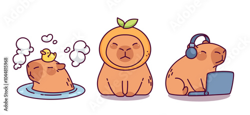 Cute capybara character. Funny flat animal vector. Tangerine on head of kawaii capibara isolated print design. Simple mascot with laptop working and play with duck in water. Serious emotion expression