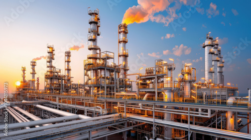 Wallpaper Mural glowing refinery at dusk with steam rising, showcasing industrial structures and pipes against vibrant sky. scene captures essence of energy production and innovation Torontodigital.ca