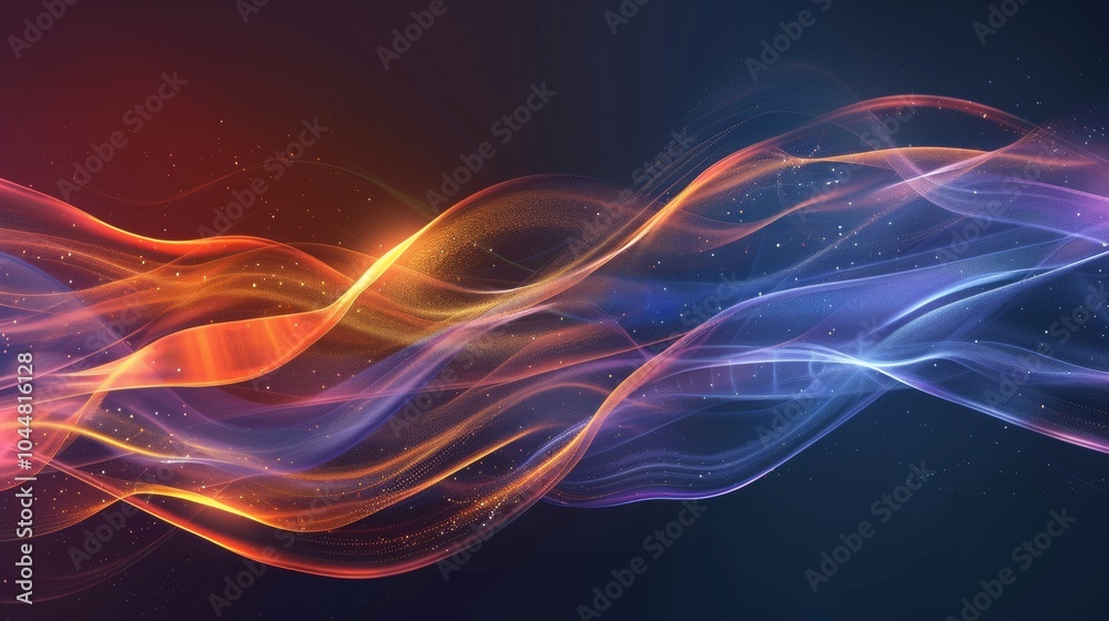 Obraz premium Abstract glowing waves of blue and orange light with glitter particles on a dark background