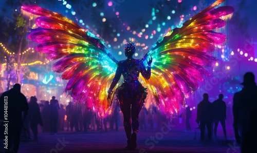 Silhouette in glowing rainbow wings at night.