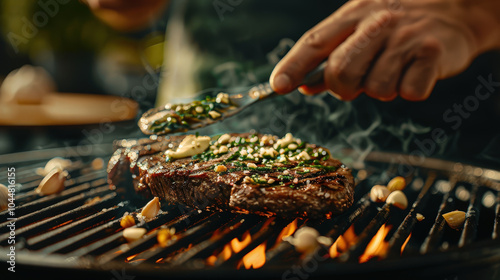 Grilling juicy T bone steak, chef bastes it with flavorful herbs and garlic, creating mouthwatering aroma. smoke rises, enhancing grilling experience photo