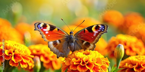 Silhouette of a Peacock butterfly on a marigold flower photo