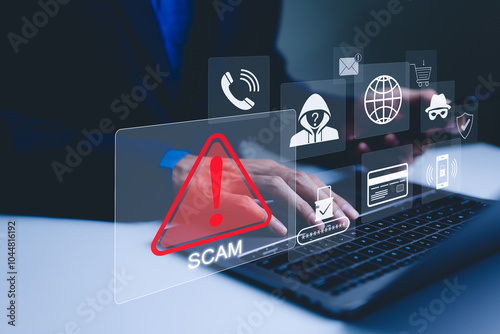 Scam Alert Warning with Cybersecurity Icons. A person using laptop, warning sign for scams with icons representing online threats, phishing, and cybersecurity. Unknown person, suspicious scammer,