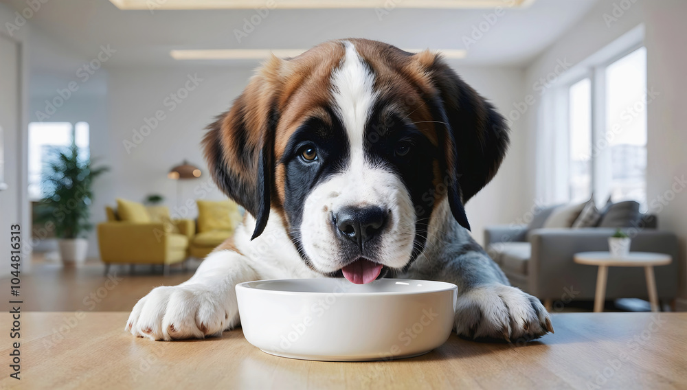 Cute little St. Bernard puppy dog eating form blank white bowl mock up in modern living room background, pets and animals