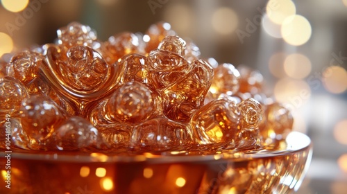 Close up Macro Photo of Amber Liquid with Bubbles and Bokeh Background