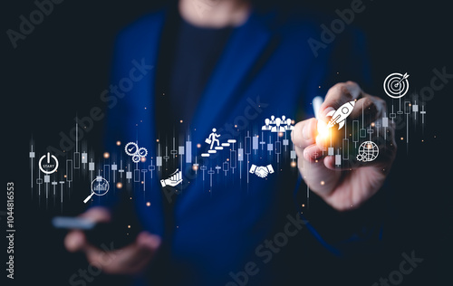 Business startup and investment goals concept. Businessman draws a graph with icons for business growth, startup initiatives, investment strategies, and market analysis. efforts and achieving goals.