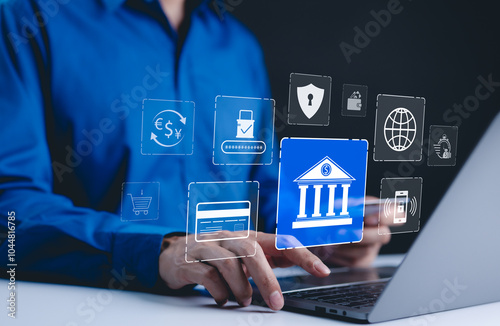 Digital banking and financial technology concept. icons financial and digital services, online banking, data security, currency exchange, and payments. growing trend of digital transformation in bank.