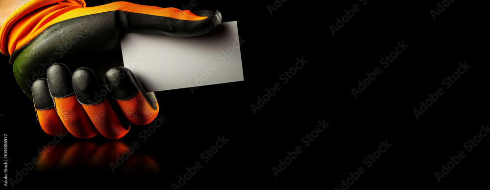 Extreme close-up of the hand of a manual worker with protective work gloves holding a white blank business card with copy space isolated on a black background with reflections. Generative Ai. Extreme close-up of the hand of a manual worker with protective work gloves holding a white blank business card with copy space isolated on a black background with reflections. Generative Ai.