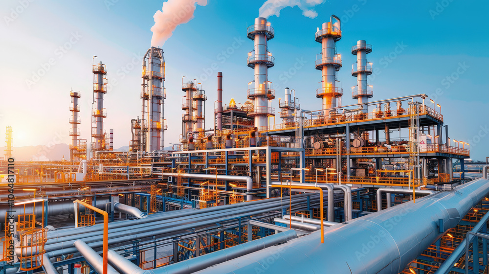 long exposure shot of petrochemical facility showcasing towering structures and intricate piping against vibrant sky. scene captures industrial essence and energy of site long exposure shot of petrochemical facility showcasing towering structures and intricate piping against vibrant sky. scene captures industrial essence and energy of site
