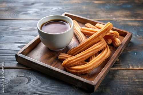 Silhouette of a tray of churros and a cup of hot chocolate against a dark background
