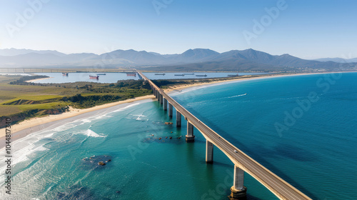 stunning aerial view of long bridge extending over vibrant blue ocean, connecting land to distant shoreline. landscape features mountains in background, with ships visible in water, creating serene