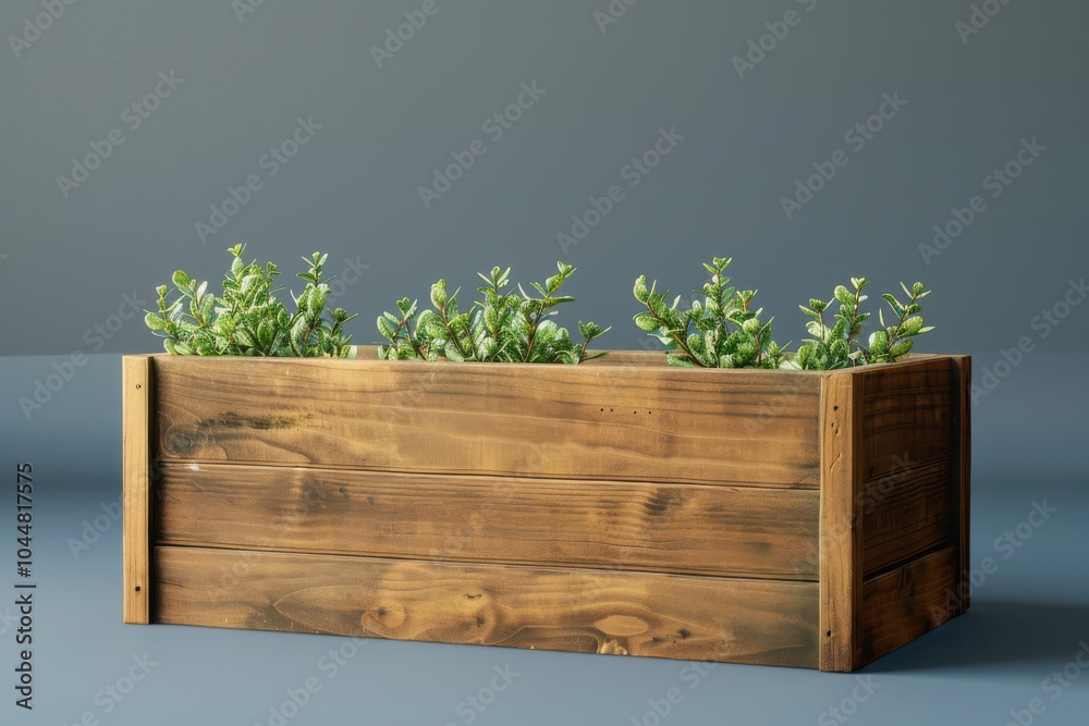 Wooden planter box with succulent plants in a minimalist setting Wooden planter box with succulent plants in a minimalist setting
