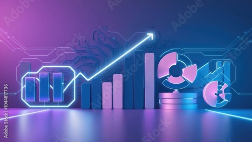 digital backdrop for online retail analytics. In the foreground, a series of clean, modernist 3D data visualization elements, including stylized graphs, pie charts