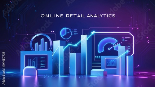 digital backdrop for online retail analytics. In the foreground, a series of clean, modernist 3D data visualization elements, including stylized graphs, pie charts