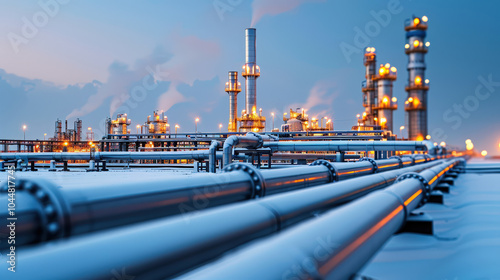 long pipeline stretches across barren landscape, leading to industrial structures illuminated by warm lights. scene captures essence of energy production and infrastructure