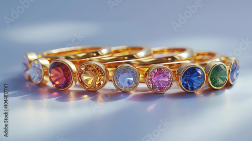 Set of Gold Rings with Different Gemstones, Arranged in a Row, Colorful and Shiny