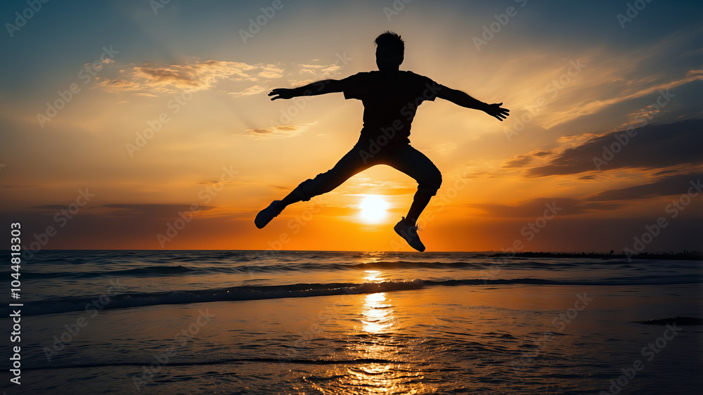 Silhouette of a person jumping in the air with arms outstretched against a vibrant sunset sky, symbolizing freedom and joy. Silhouette of a person jumping in the air with arms outstretched against a vibrant sunset sky, symbolizing freedom and joy.