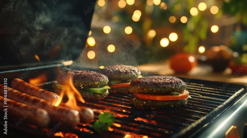 The Grill with Burgers and Sausages The Grill with Burgers and Sausages