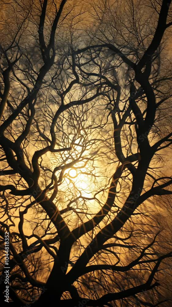 Silhouette of tree branches against a warm sunset sky, abstract nature scene. Tranquility and mystique concept Silhouette of tree branches against a warm sunset sky, abstract nature scene. Tranquility and mystique concept