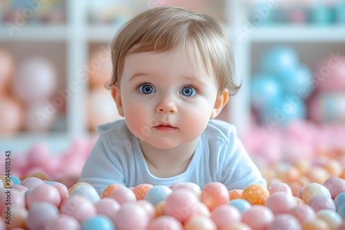 A curious baby sits among colorful balls, surrounded by soft pastel hues, evoking a playful and cheerful atmosphere.