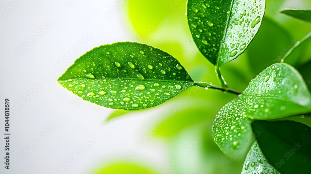 Close-up of dewy citrus leaves with sharp details, vibrant green hue, and natural veins, floating against a plain white backdrop Close-up of dewy citrus leaves with sharp details, vibrant green hue, and natural veins, floating against a plain white backdrop