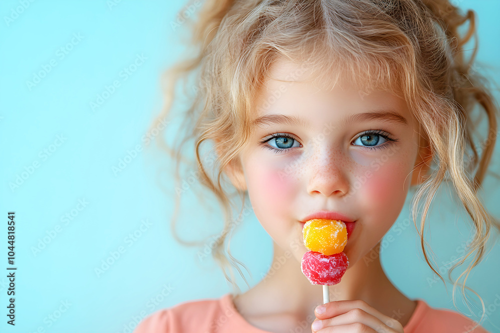 A young girl with curly hair enjoys a colorful lollipop against a bright blue background, exuding sweetness and joy. A young girl with curly hair enjoys a colorful lollipop against a bright blue background, exuding sweetness and joy.