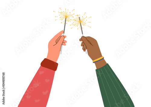 Sparklers in human hands on white background. Hands holding burning sparklers. Holiday concept.