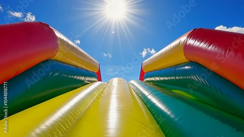 A colorful inflatable bounce house stands tall under a bright blue sky on a sunny day