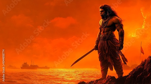 Powerful Warrior with Sword Against Dramatic Orange Sky photo