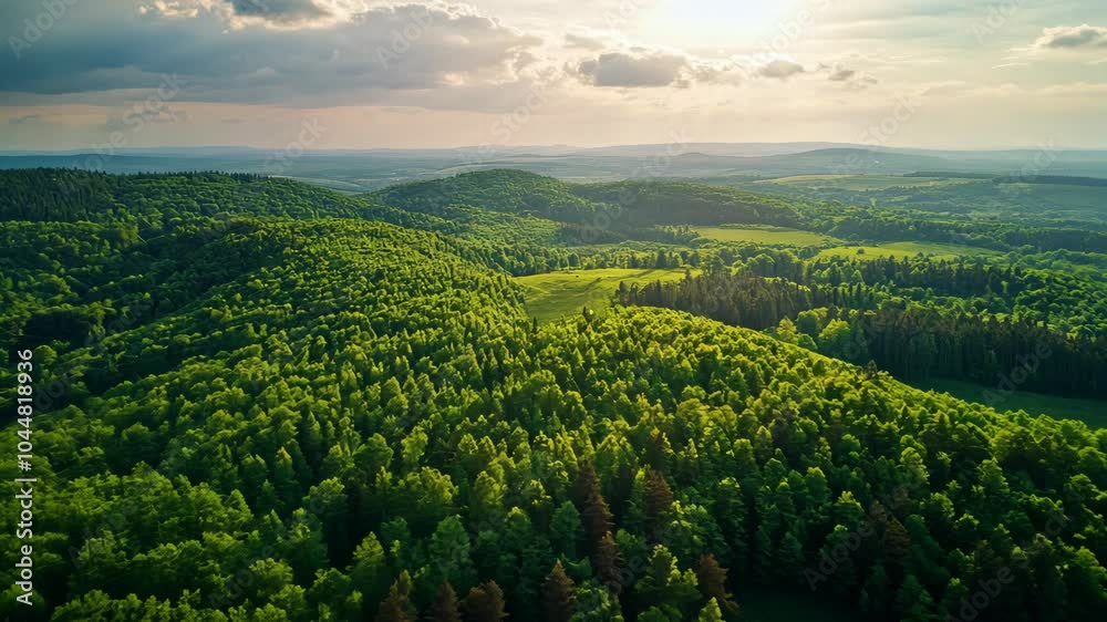 An aerial view of a lush, green forest in the afternoon sun