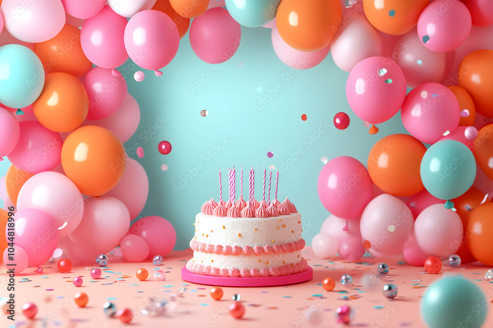 3D A vibrant birthday celebration scene featuring a decorated cake surrounded by colorful balloons and confetti. 3D A vibrant birthday celebration scene featuring a decorated cake surrounded by colorful balloons and confetti.
