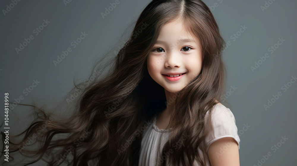 Portrait of smiling asian girl child with long white hair creamy gray background. Portrait of smiling asian girl child with long white hair creamy gray background.