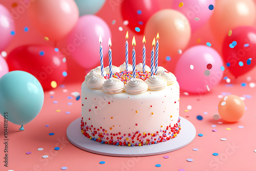 A decorative birthday cake sits surrounded by colorful balloons and confetti, topped with candles ready to be lit.