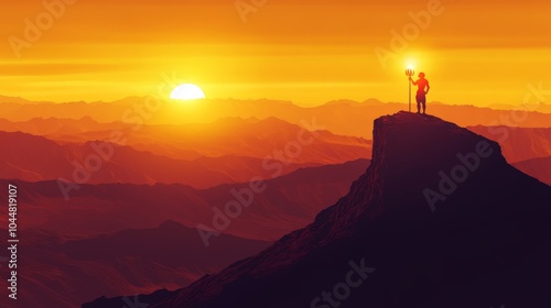 Silhouette of a Person Standing on a Mountaintop at Sunset with a Luminous Staff