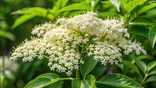 Silhouette of blooming white elderberry flowers against a bush with green leaves