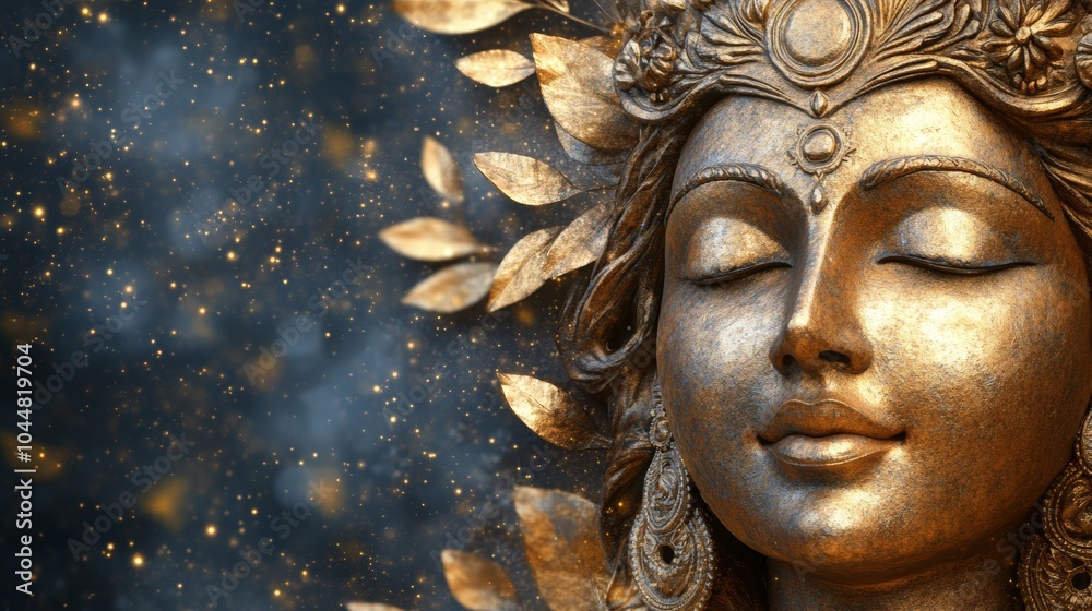 Obraz premium Golden Goddess Statue with Closed Eyes and Floral Crown