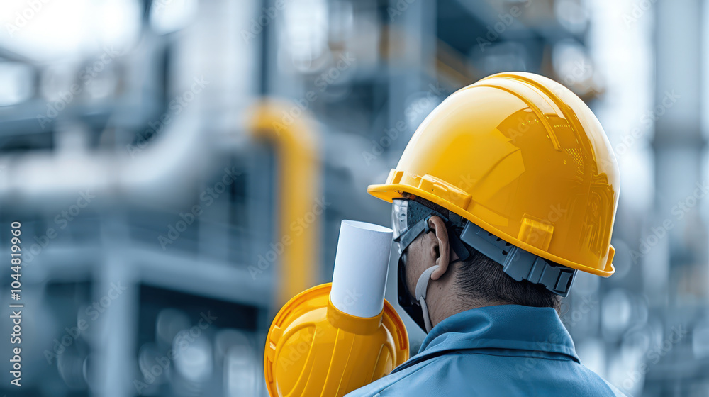 petrochemical engineer wearing yellow hard hat and safety glasses holds blueprint while observing industrial equipment. scene conveys sense of professionalism and focus in complex environment petrochemical engineer wearing yellow hard hat and safety glasses holds blueprint while observing industrial equipment. scene conveys sense of professionalism and focus in complex environment