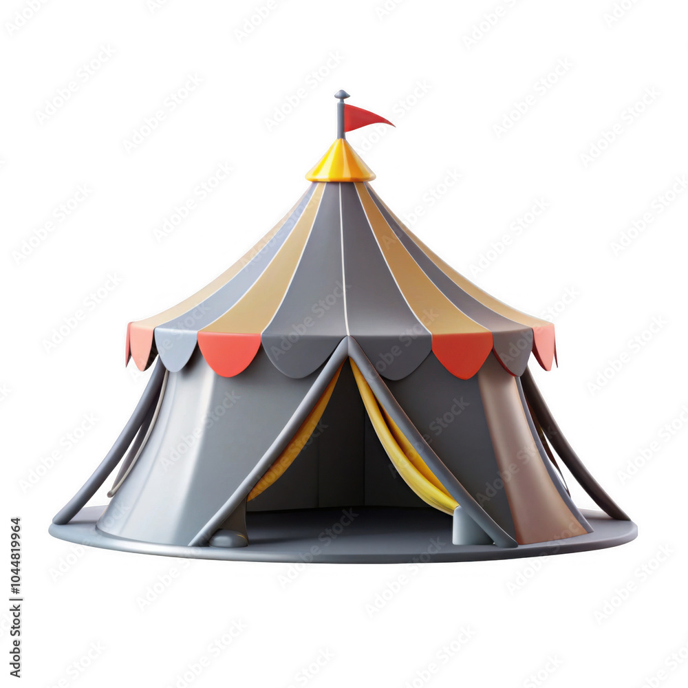 A vibrant 3D circus tent with a peaked roof, adorned with yellow and red striped patterns, and a small flag on top. A fun and inviting design perfect for festivities.