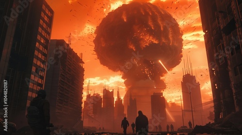 Dramatic scene of a post apocalyptic city with a mushroom cloud over crumbling skyscrapers photo