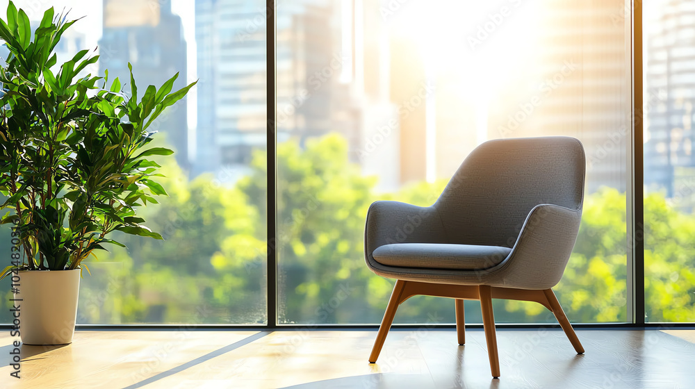 Fototapeta premium A serene workspace embracing nature and comfort with a cozy chair and lush greenery